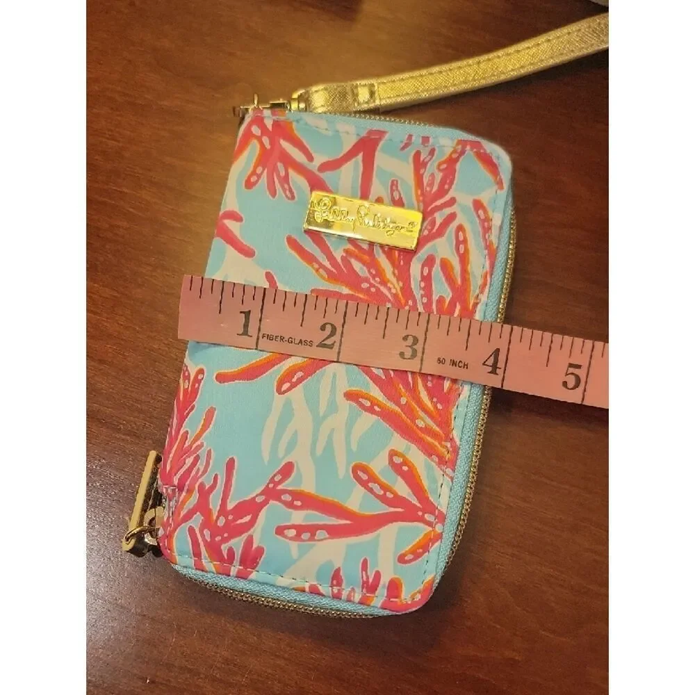 Lilly Pulitzer Coral Print Wristlet in Light Blue, Pink, Gold